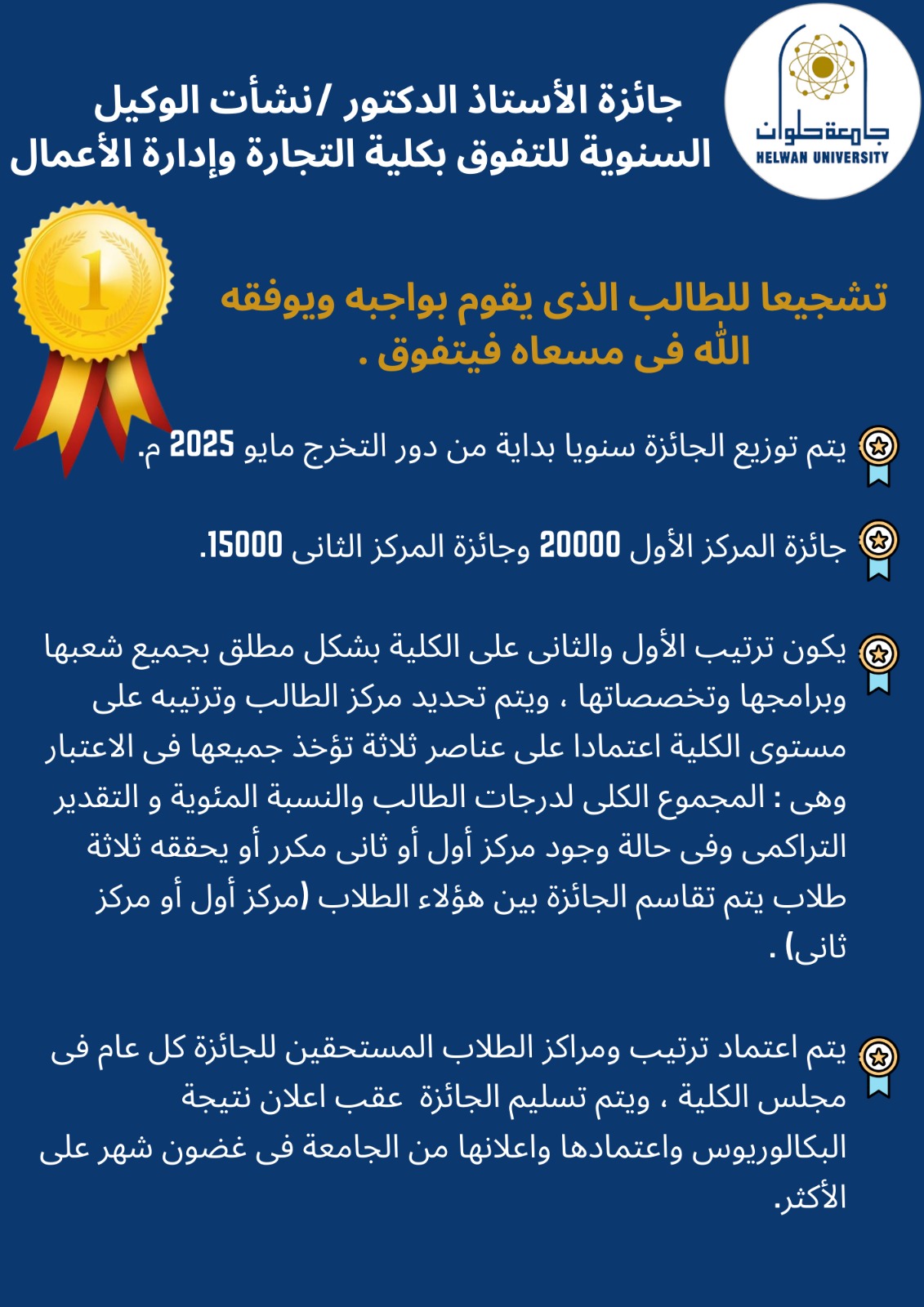 جائزه الأستاذ الدكتور/نشأت الوكيل السنوية للتفوق بكلية التجارة وإدارة الأعمال 